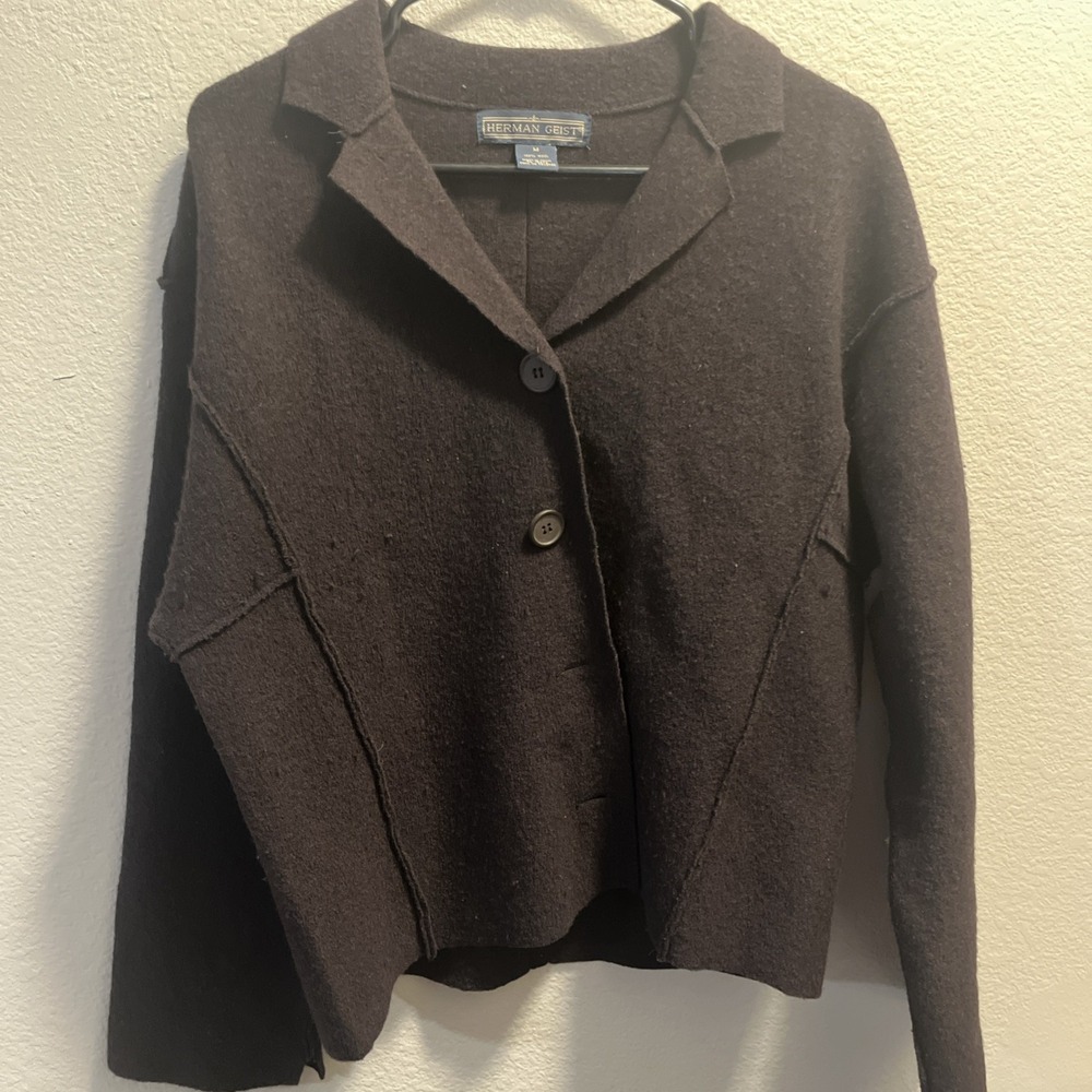 Vintage Herman Geist Sweater Women's Med Brown 100% Wool Button Front Collared